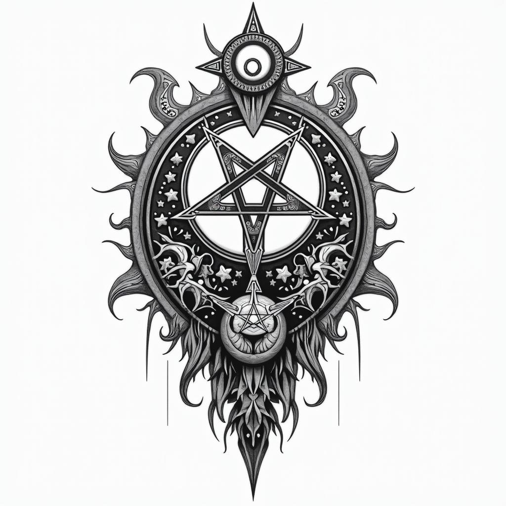 Samuele, Italian-English Pisces who lives in Tuscany.in paganic style tattoo, featuring ancient symbols, add vegvisir symbol, mystical figures, incorporating designs, pentagrams, runes, crescent moons, - Variation 3