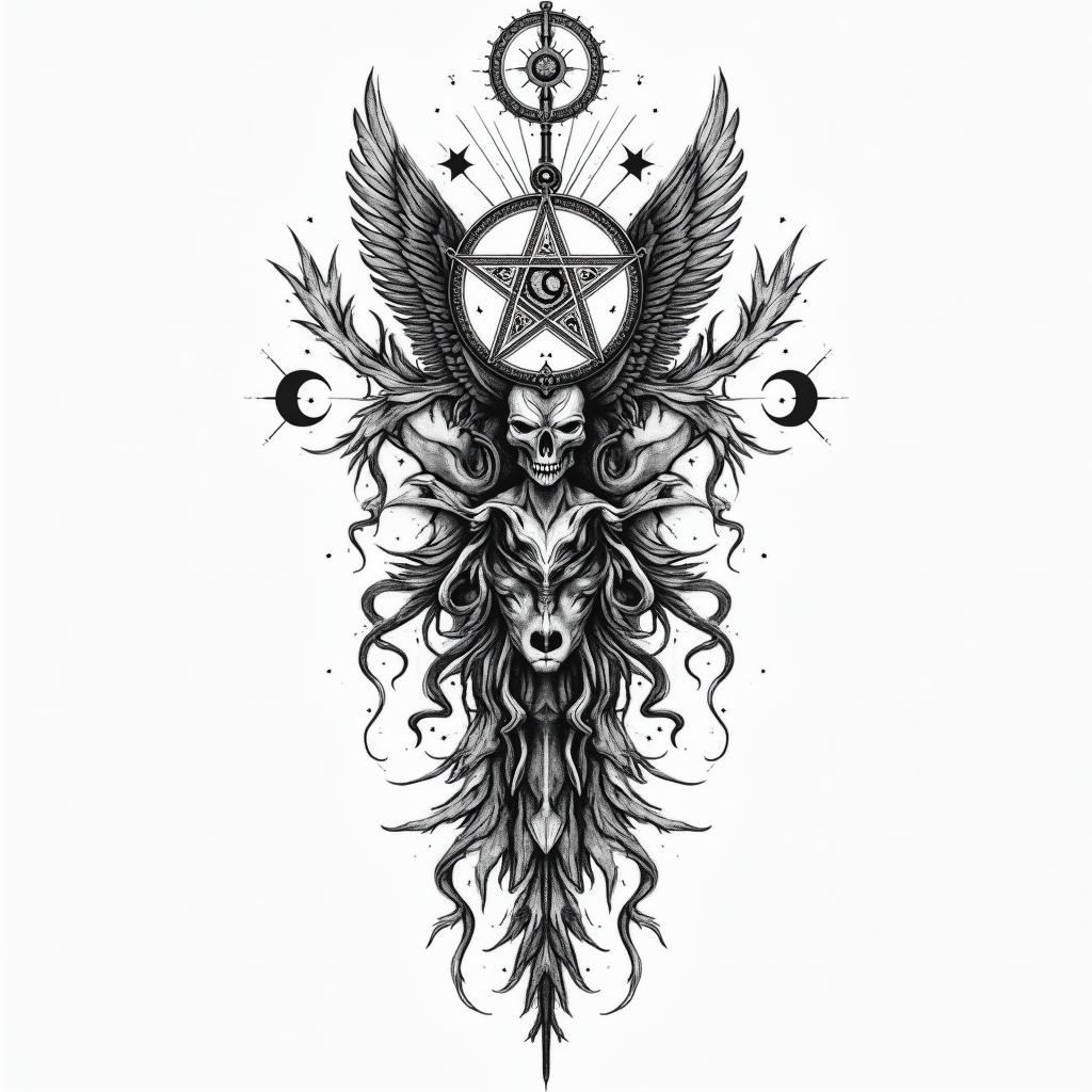 Samuele, Italian-English Pisces who lives in Tuscany.in paganic style tattoo, featuring ancient symbols, add vegvisir symbol, mystical figures, incorporating designs, pentagrams, runes, crescent moons,