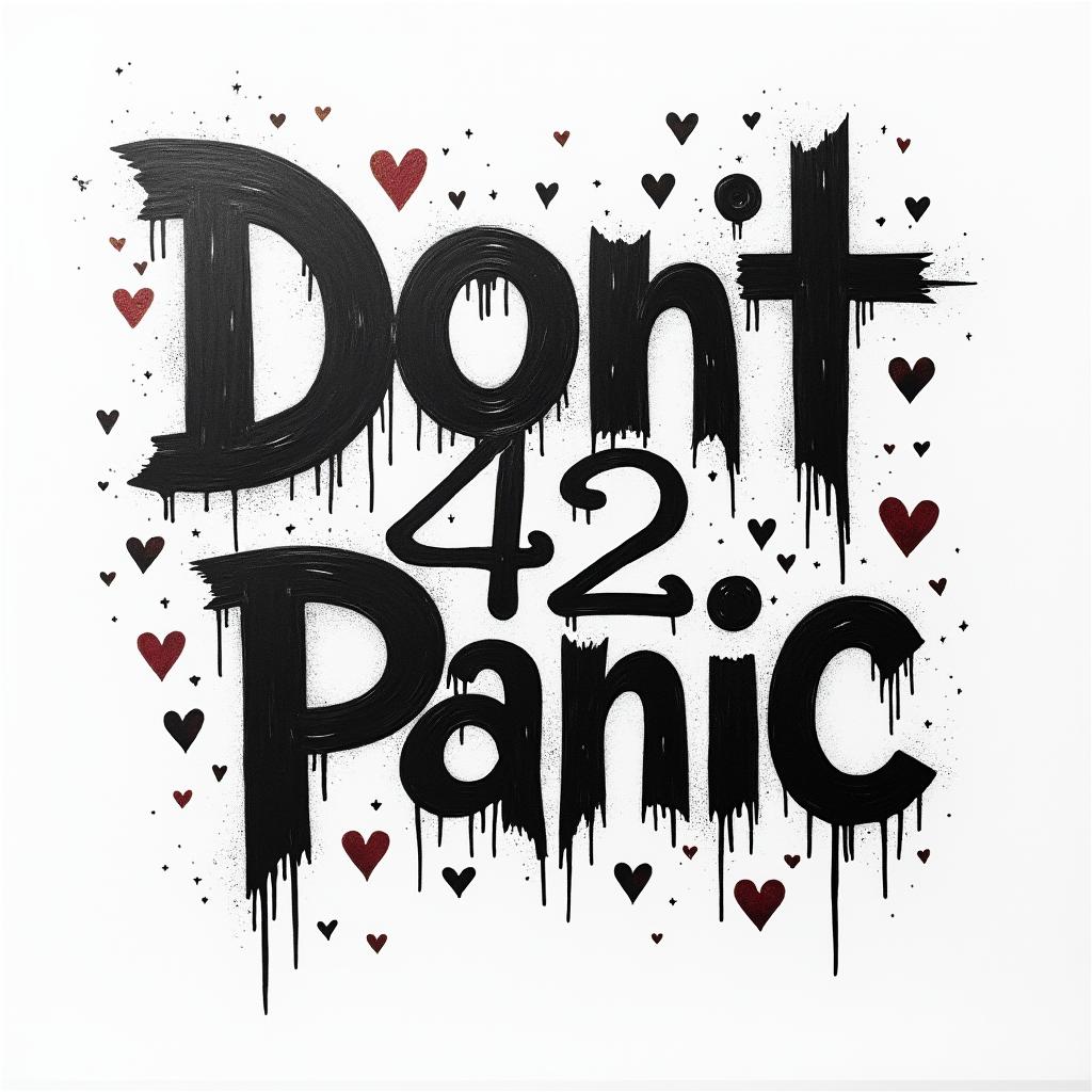 The number 42 and the words don’t panicin graffiti style tattoo, featuring bold and dynamic street art elements, spray-paint texture with exaggerated lines and expressive, chaotic brushstrokes, intricate lettering incorporated with graffiti tags, symbols like hearts, stars, and wings - Variation 2