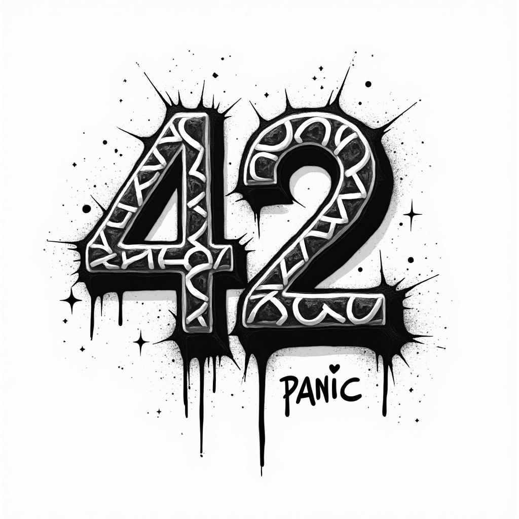 The number 42 and the words don’t panicin graffiti style tattoo, featuring bold and dynamic street art elements, spray-paint texture with exaggerated lines and expressive, chaotic brushstrokes, intricate lettering incorporated with graffiti tags, symbols like hearts, stars, and wings - Variation 4