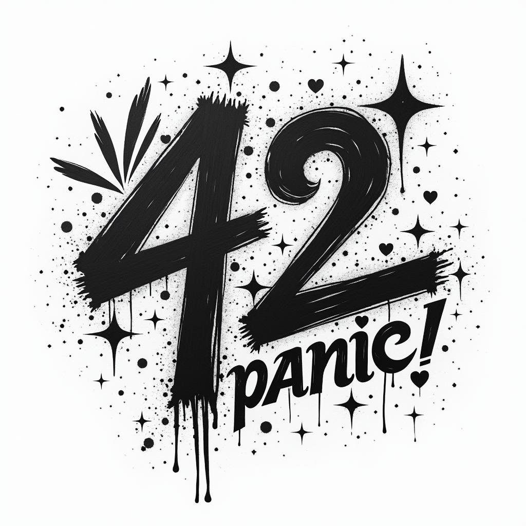 The number 42 and the words don’t panicin graffiti style tattoo, featuring bold and dynamic street art elements, spray-paint texture with exaggerated lines and expressive, chaotic brushstrokes, intricate lettering incorporated with graffiti tags, symbols like hearts, stars, and wings