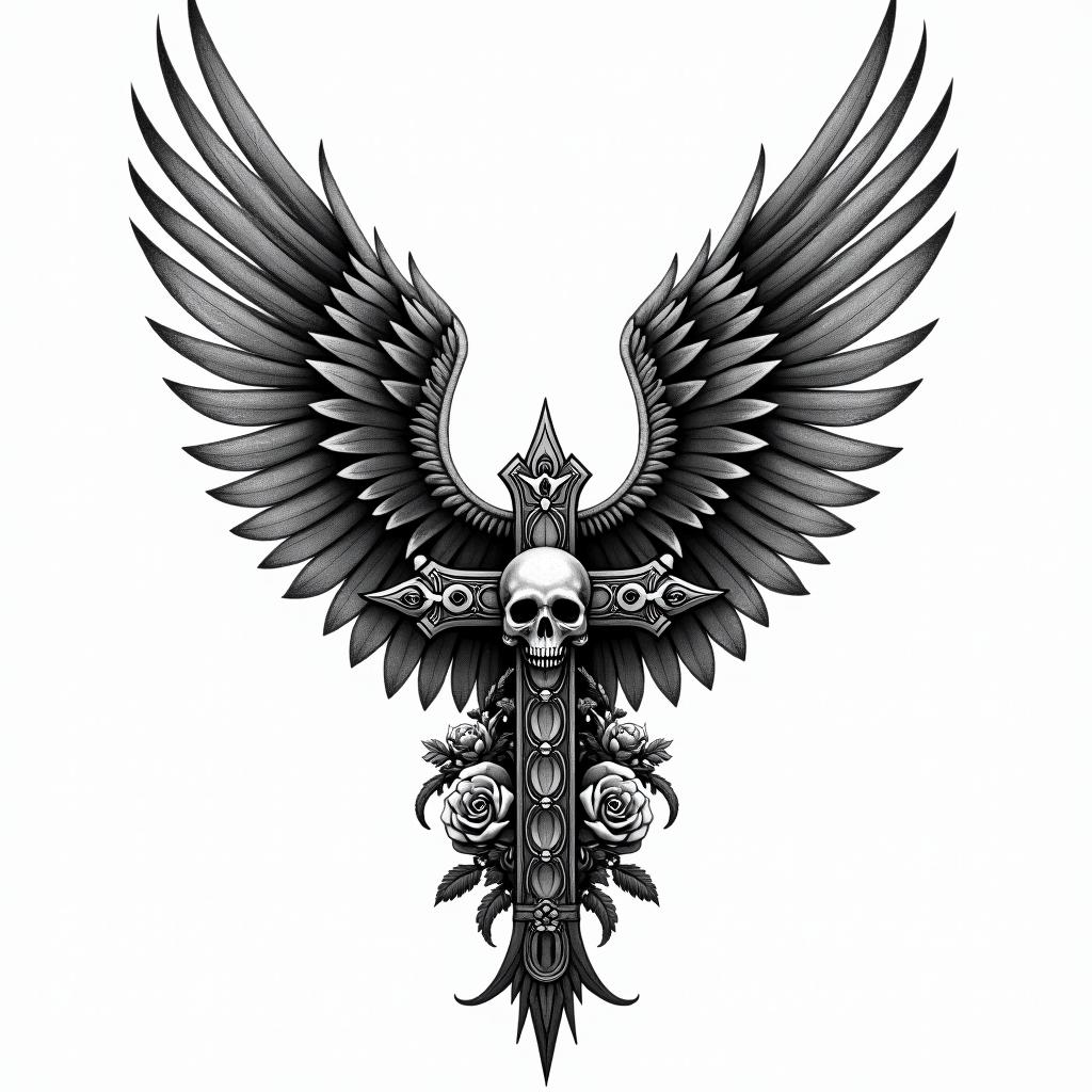 Angelic wings with detailed feathersin chicano style tattoo, featuring intricate black and grey shading, bold elements of traditional chicano culture symbols, add a big cross with skull, chains and roses