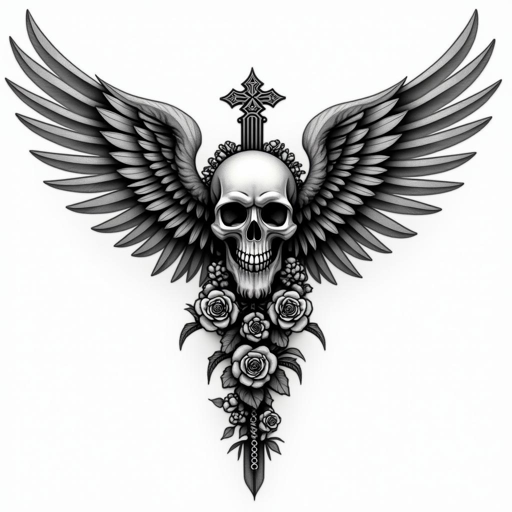 Angelic wings with detailed feathersin chicano style tattoo, featuring intricate black and grey shading, bold elements of traditional chicano culture symbols, add a big cross with skull, chains and roses - Variation 2