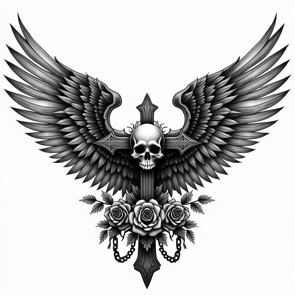 Angelic wings with detailed feathersin chicano style tattoo, featuring intricate black and grey shading, bold elements of traditional chicano culture symbols, add a big cross with skull, chains and roses - Variation 3