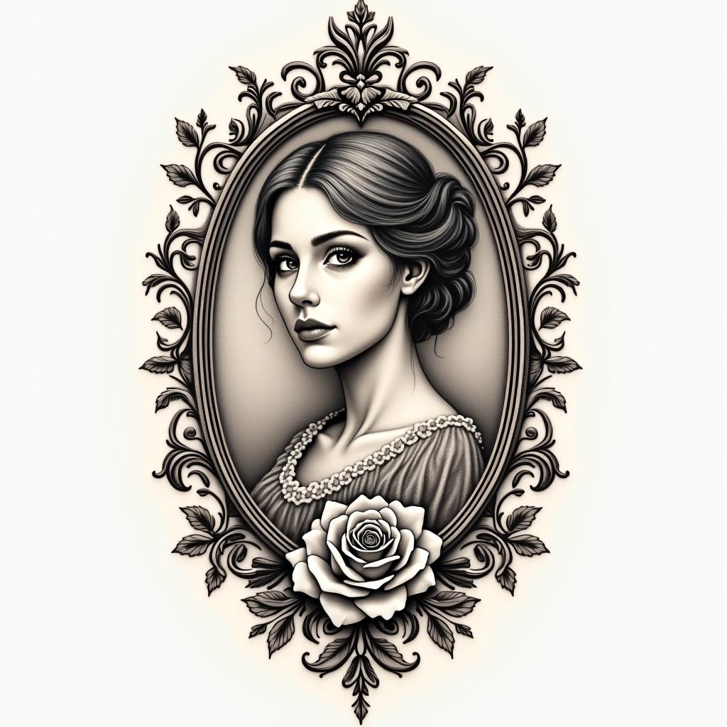 Samuele, Italian-English, Pisces sign, who lives in Tuscany.in victorian style tattoo, featuring vintage and elegant elements, ornate frames, roses, antique, sepia-toned color scheme - Variation 2