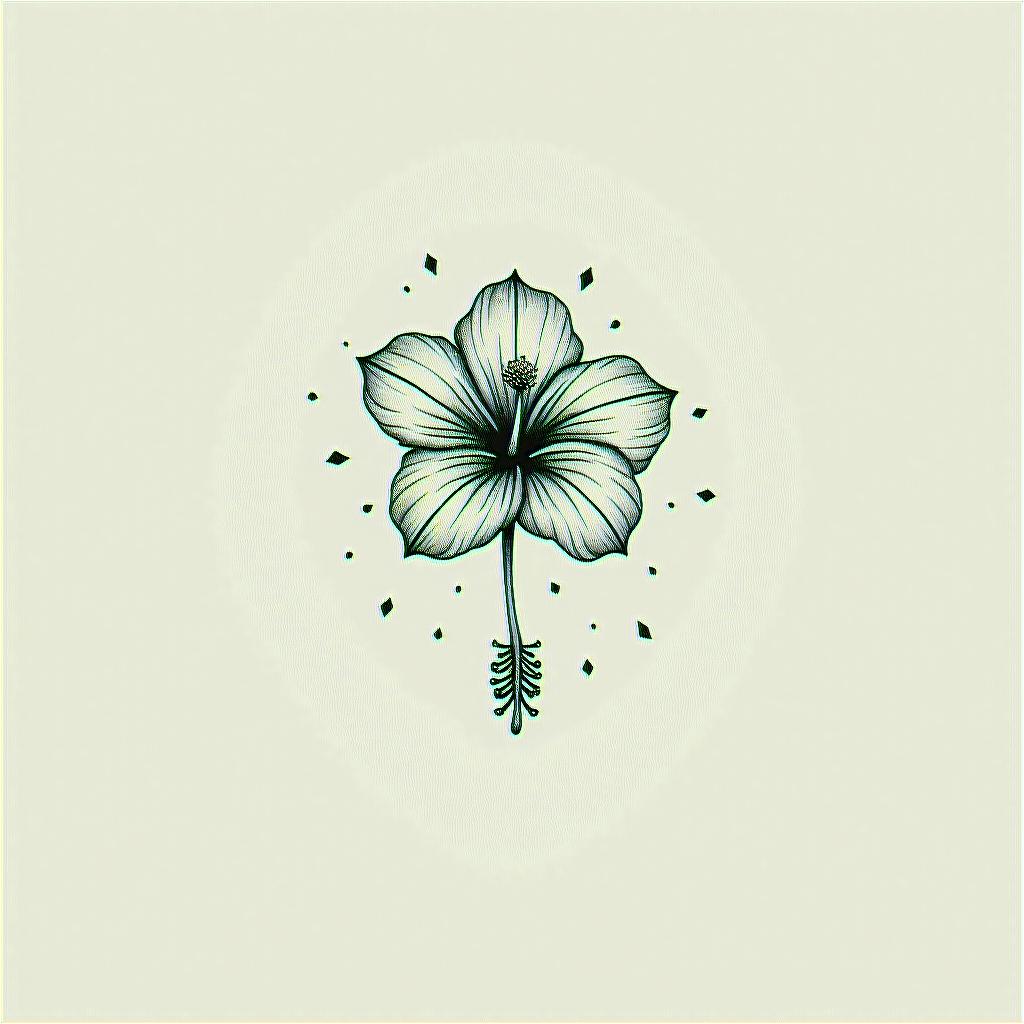 Hibiscus flowerin minimalist style tattoo, featuring simple shapes and fine lines, with minimal shading and details, tiny triangles, creating a sense of balance and harmony - Variation 7