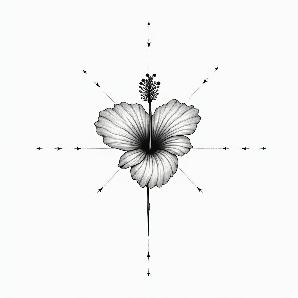 Hibiscus flowerin minimalist style tattoo, featuring simple shapes and fine lines, with minimal shading and details, tiny triangles, creating a sense of balance and harmony - Variation 6