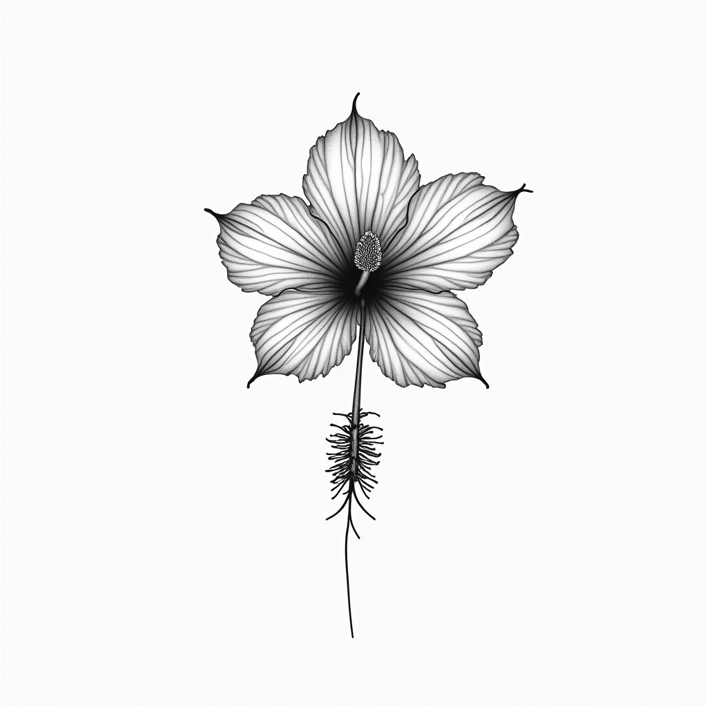 Hibiscus flowerin minimalist style tattoo, featuring simple shapes and fine lines, with minimal shading and details, tiny triangles, creating a sense of balance and harmony - Variation 8
