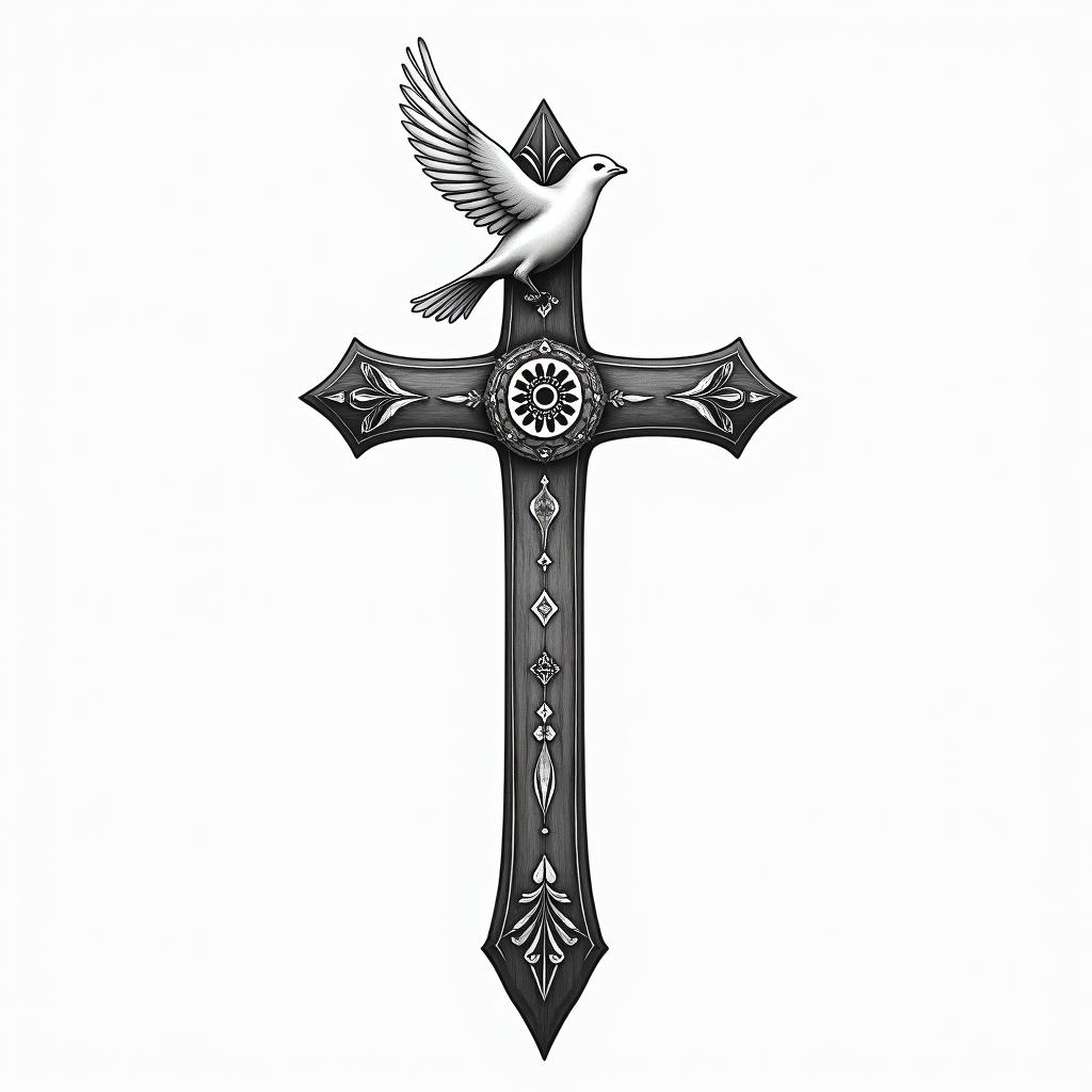 WOODEN CROSS WITH NAME "BUB" and date 03/23/1991 on one side AND "PAP" with date 11/10/1986 on other side WITH A WHITE DOVE LANDING ON top of IT and "mom" with 11/17/2017 on the dovein spiritual symbols tattoo style, featuring an intricate design incorporating elements, Hamsa hand, third eye, minimalist composition