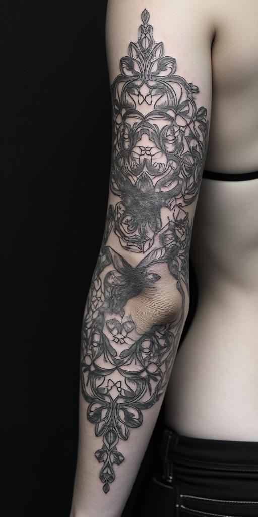 forearm cover up, phoenixin ornamental tattoo style, featuring intricate symmetrical patterns and floral designs, showcasing highly detailed line work and geometric shapes, creating a sense of elegance and balance - Variation 3