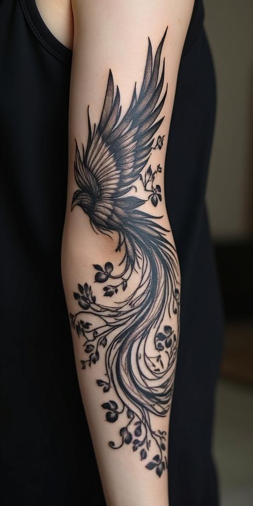 forearm cover up, phoenixin ornamental tattoo style, featuring intricate symmetrical patterns and floral designs, showcasing highly detailed line work and geometric shapes, creating a sense of elegance and balance - Variation 2