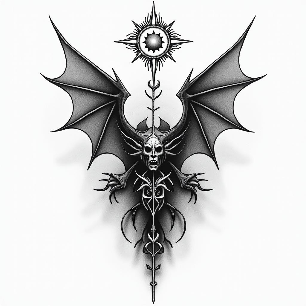The devil being defeated by lightin spiritual symbols tattoo style, featuring an intricate design incorporating elements, Hamsa hand, third eye, minimalist composition - Variation 2