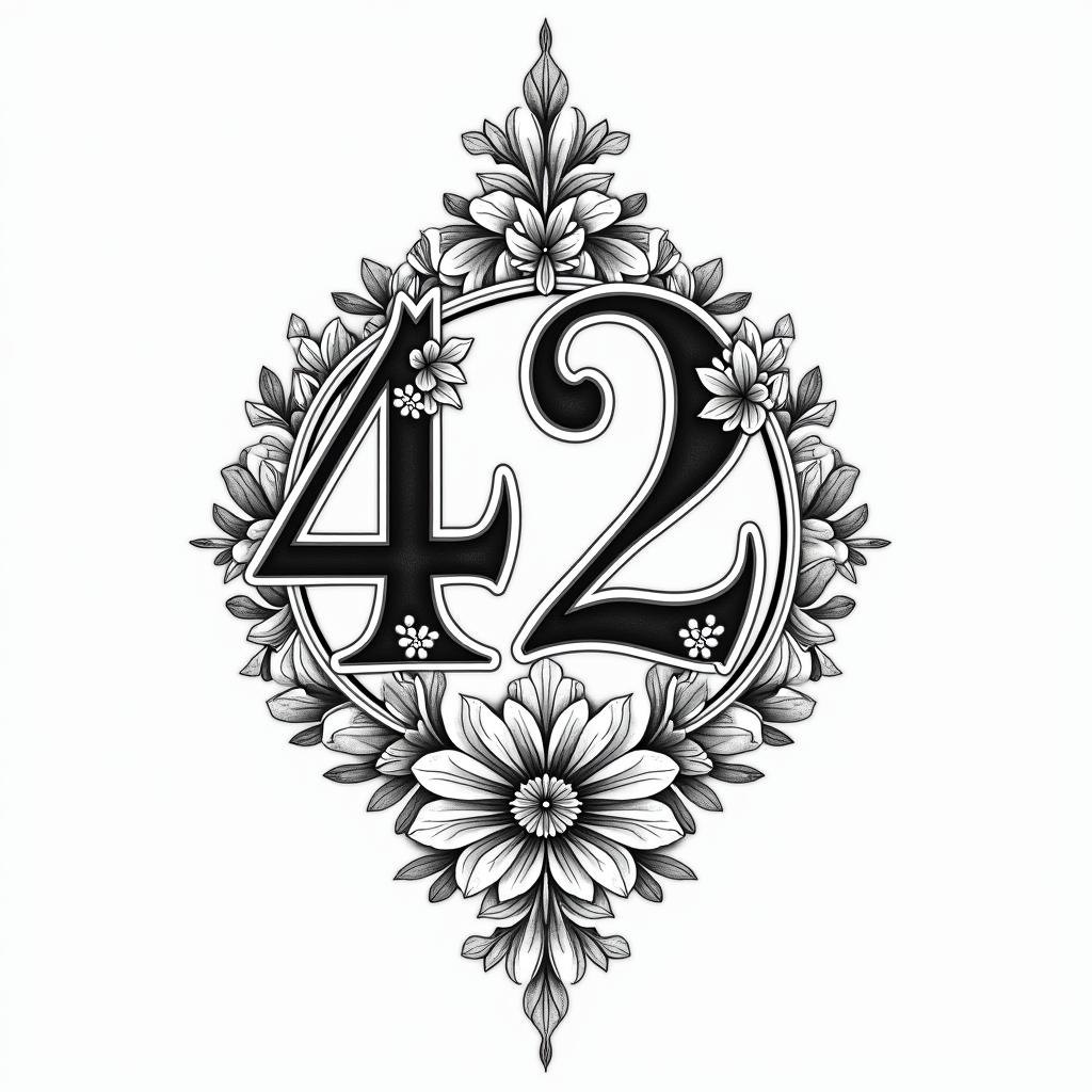 The number 42 and the words don’t panicin ornamental tattoo style, featuring intricate symmetrical patterns and floral designs, showcasing highly detailed line work and geometric shapes, creating a sense of elegance and balance - Variation 3