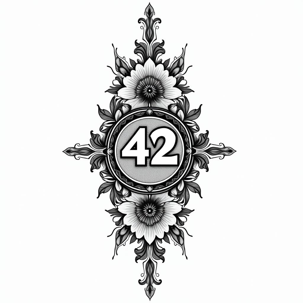 The number 42 and the words don’t panicin ornamental tattoo style, featuring intricate symmetrical patterns and floral designs, showcasing highly detailed line work and geometric shapes, creating a sense of elegance and balance - Variation 2