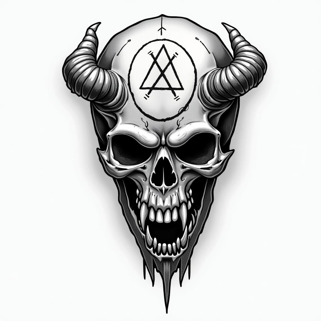Harley Davidsoncreepy horror tattoo style, featuring an eerie and unsettling skull of a demonic creature, distorted face with sharp fangs, add pentagram symbol - Variation 3