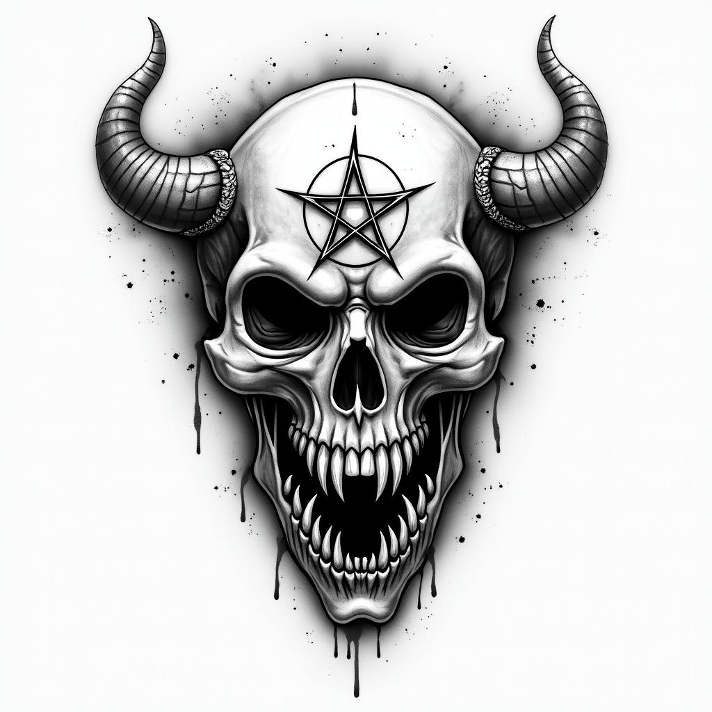 Harley Davidsoncreepy horror tattoo style, featuring an eerie and unsettling skull of a demonic creature, distorted face with sharp fangs, add pentagram symbol