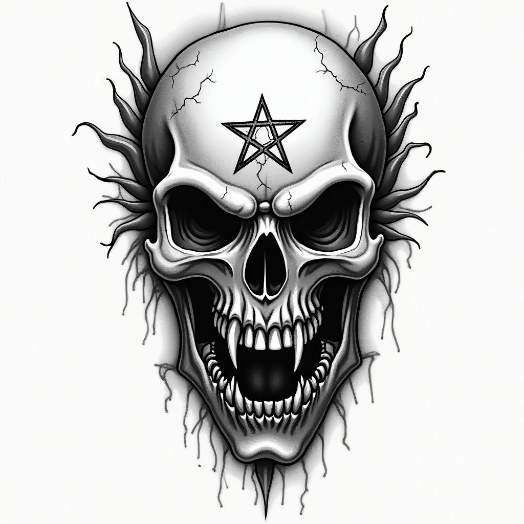 Harley Davidsoncreepy horror tattoo style, featuring an eerie and unsettling skull of a demonic creature, distorted face with sharp fangs, add pentagram symbol - Variation 4