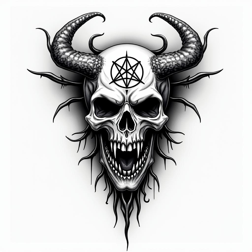 Harley Davidsoncreepy horror tattoo style, featuring an eerie and unsettling skull of a demonic creature, distorted face with sharp fangs, add pentagram symbol - Variation 2