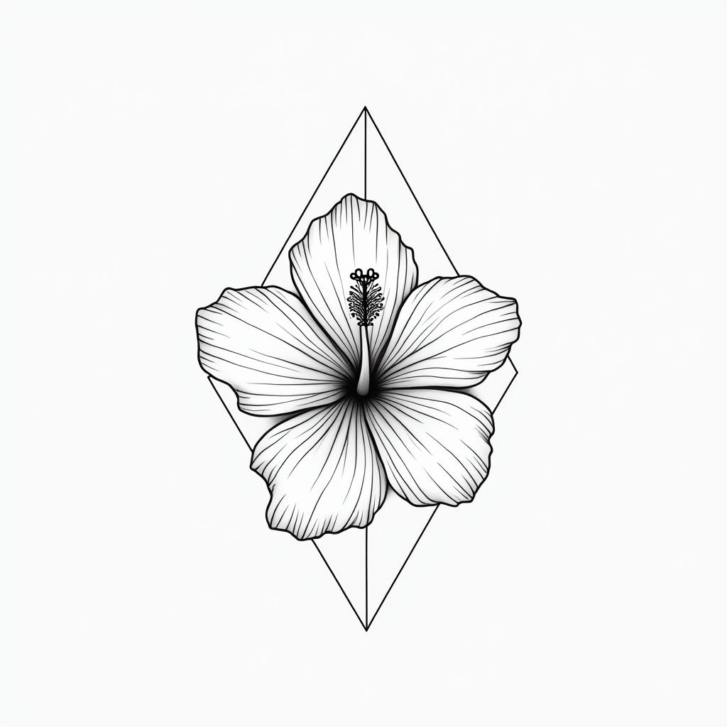 Hibiscus flowerin minimalist style tattoo, featuring simple shapes and fine lines, with minimal shading and details, tiny triangles, creating a sense of balance and harmony - Variation 3