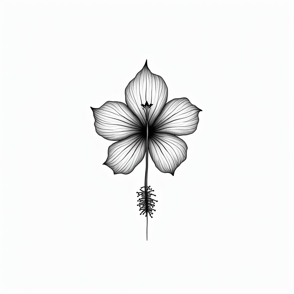 Hibiscus flowerin minimalist style tattoo, featuring simple shapes and fine lines, with minimal shading and details, tiny triangles, creating a sense of balance and harmony