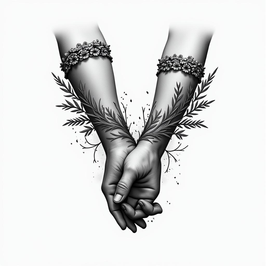 A black and grey tattoo design featuring two hands touching, symbolizing connection, intertwined with Greek elements. Include the figure of Eros, the god of love, alongside a laurel wreath and olive branches to enhance the theme of unity. The design should have minimal shading, emphasizing the contours and details in a clean, elegant style that matches the existing tattoo of the hands.higly detailed tattoo