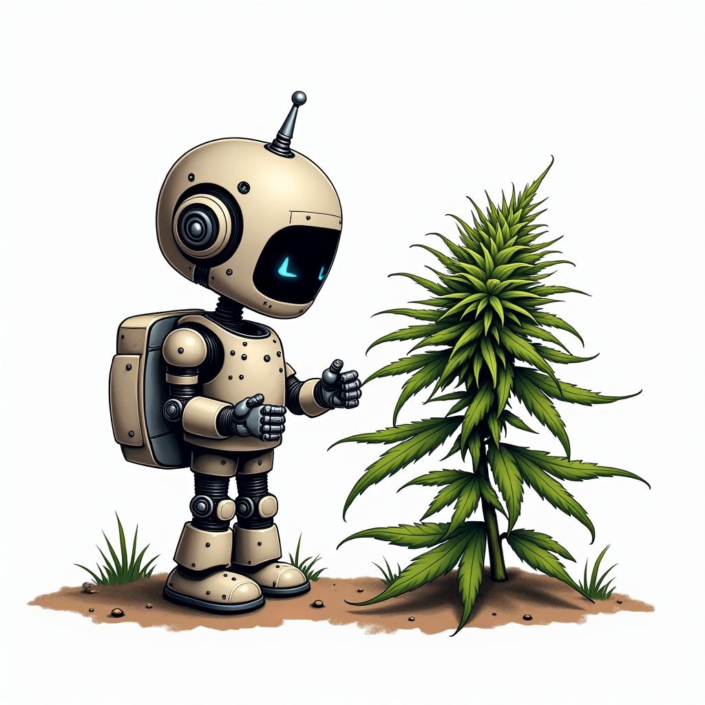 A small caricature-style robot, looking affectionately at a cannabis plant, symbolizing an impossible passion. The scene is vibrant and expressive, reflecting the beauty of unrequited love between technology and nature.higly detailed tattoo