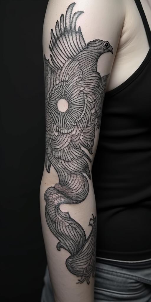forearm cover up, phoenixin dotwork style tattoo, complex mandala patterns, interlocking geometric shapes with sharp symmetry, clean lines, sharp angles - Variation 2