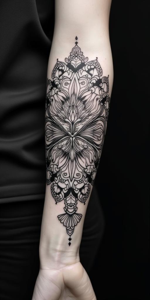 forearm cover up, phoenixin dotwork style tattoo, complex mandala patterns, interlocking geometric shapes with sharp symmetry, clean lines, sharp angles