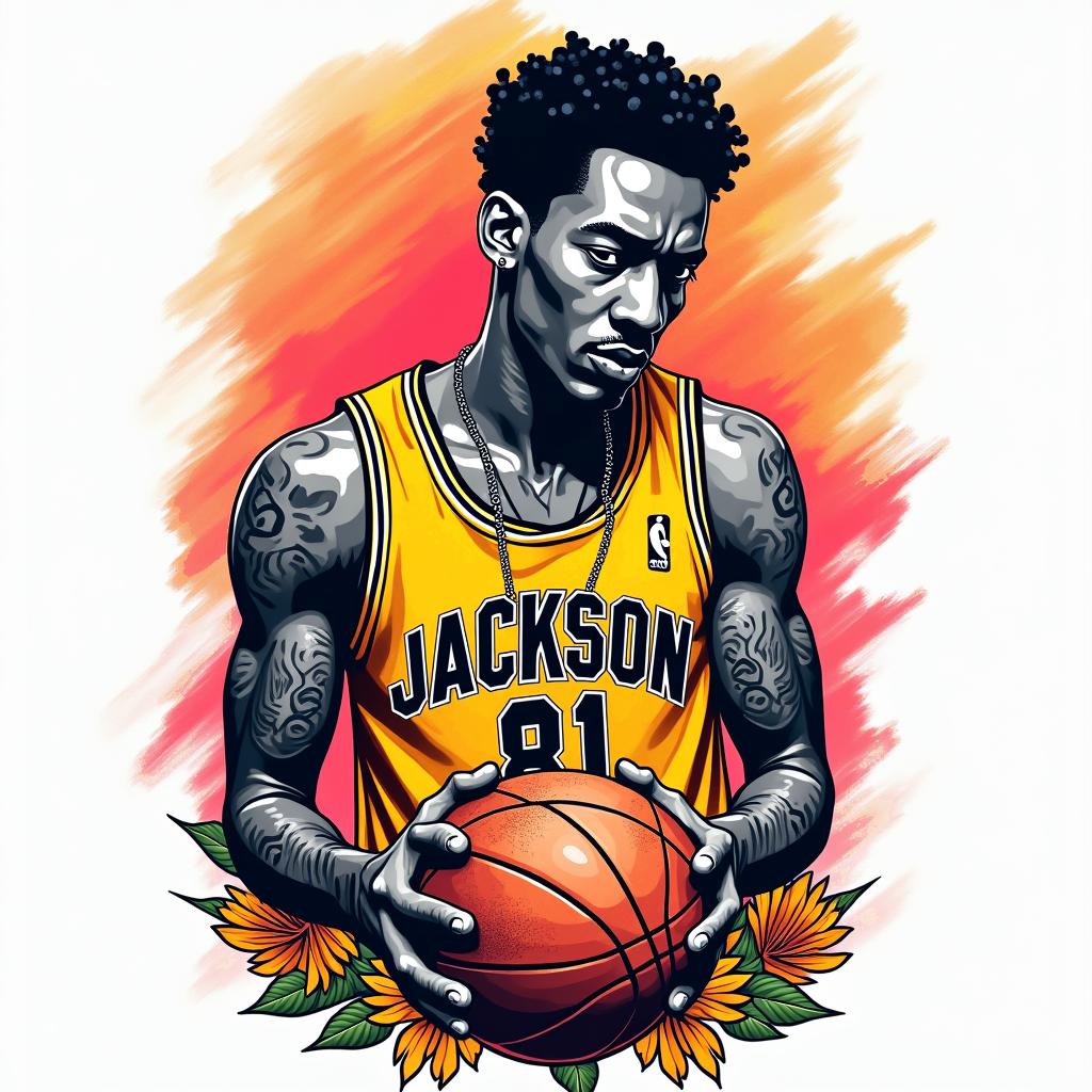 Diggy, basketball, money, Jackson Msin pop art style tattoo, featuring bold and vibrant colors, exaggerated outlines, iconic imagery, inspired by comic books and speech bubbles, comic book characters, retro pop culture
