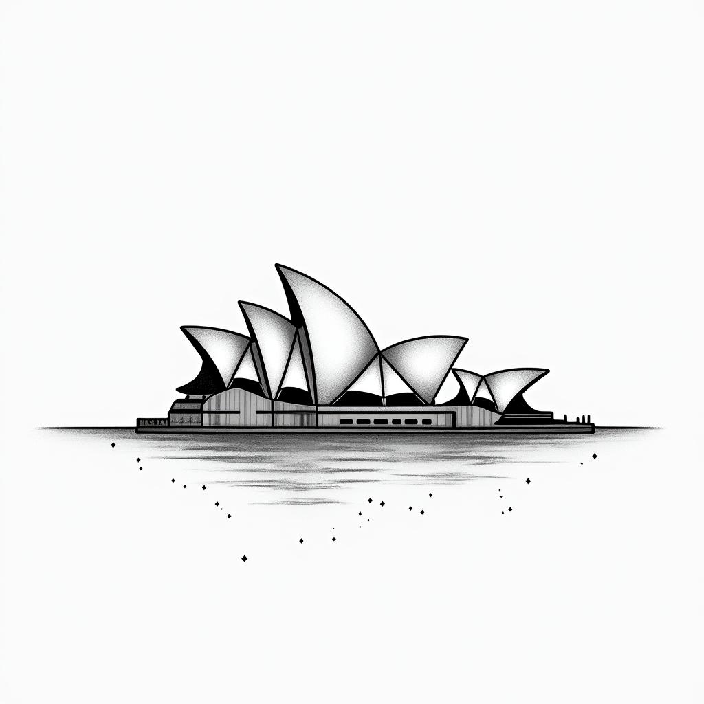 Sydney opera house and bridge skylinein minimalist style tattoo, featuring simple shapes and fine lines, with minimal shading and details, tiny triangles, creating a sense of balance and harmony - Variation 2