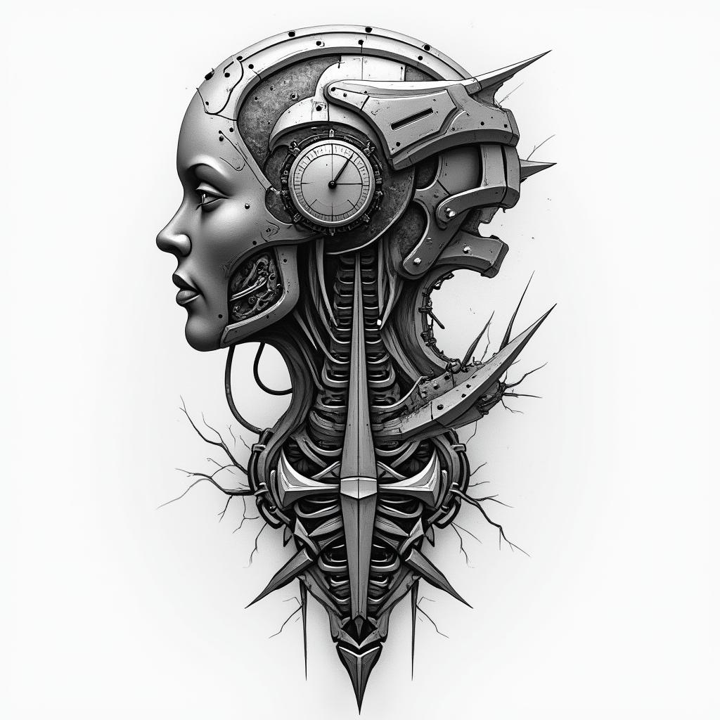 Filipino flag and great Britain flag combinationstattoo in biomechanic style, the tattoo covered by robotic elements of futuristic cyberpunk design, robotic features detail, showcasing intricate mechanical components