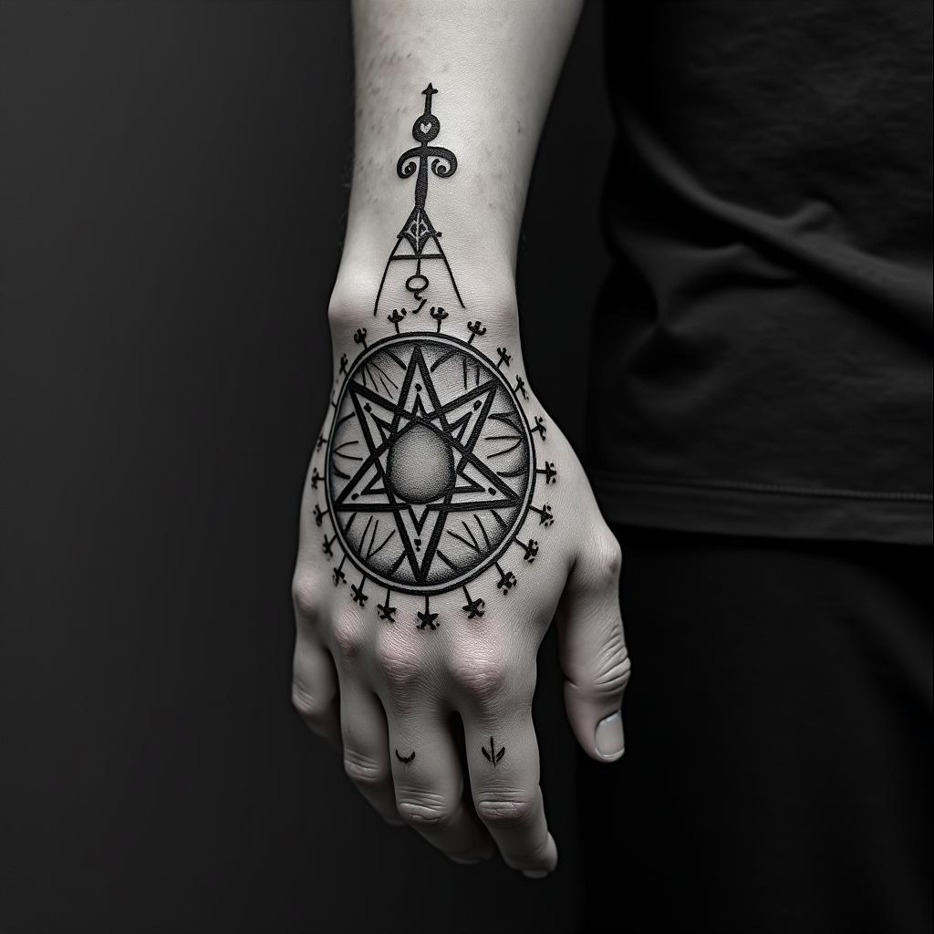 HarleyDavidsonin paganic style tattoo, featuring ancient symbols, add vegvisir symbol, mystical figures, incorporating designs, pentagrams, runes, crescent moons, - Variation 2