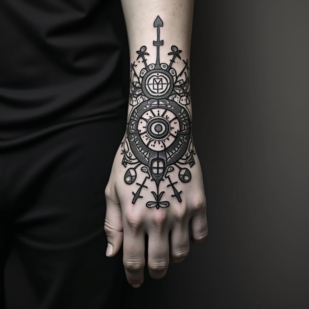 HarleyDavidsonin paganic style tattoo, featuring ancient symbols, add vegvisir symbol, mystical figures, incorporating designs, pentagrams, runes, crescent moons, - Variation 4