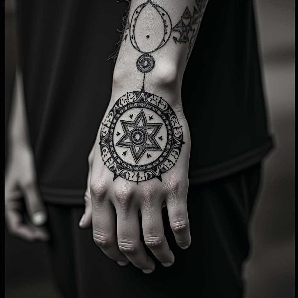 HarleyDavidsonin paganic style tattoo, featuring ancient symbols, add vegvisir symbol, mystical figures, incorporating designs, pentagrams, runes, crescent moons, - Variation 3