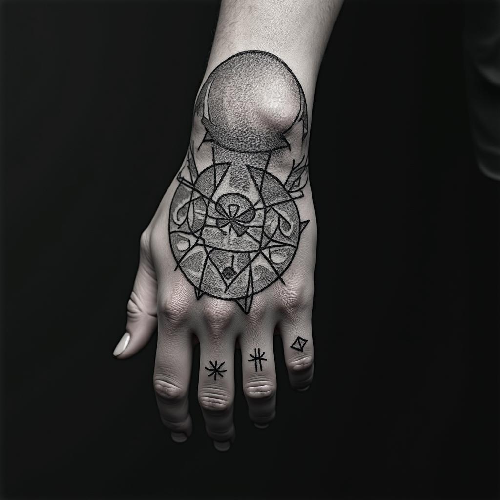 HarleyDavidsonin paganic style tattoo, featuring ancient symbols, add vegvisir symbol, mystical figures, incorporating designs, pentagrams, runes, crescent moons,