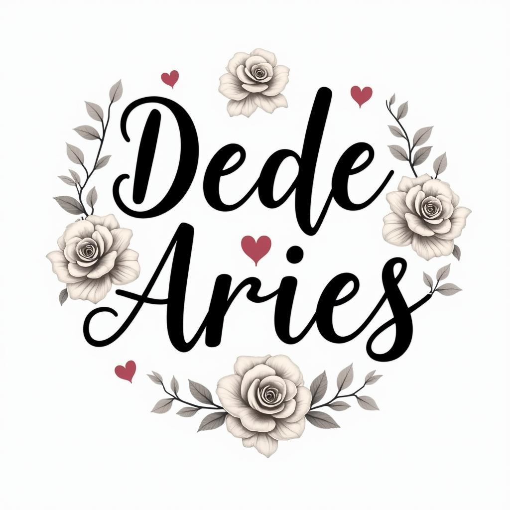 DeDe, Aries, Newberryin elegant cursive calligraphy style 2d tattoo, decorate with roses, featuring a smooth and flowing handwritten script with slightly thickened strokes for a luxurious and bold appearance,  heart symbol between names,  sleek and glossy black text with shadowing, minimalist matte white background, clean and sharp edges, illuminated with soft lighting, romantic, 8k, high-quality textures with refined typography - Variation 4