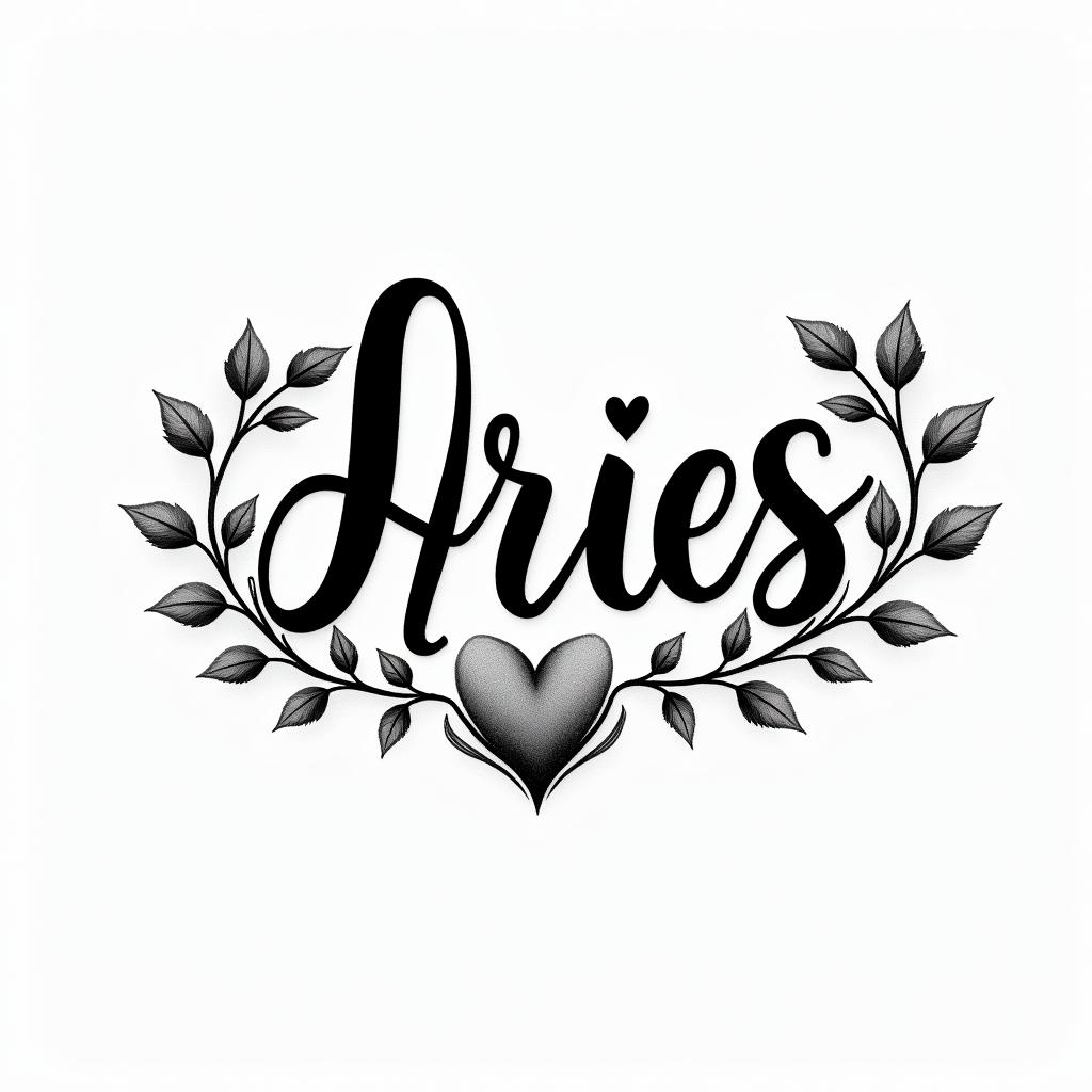 DeDe, Aries, Newberryin elegant cursive calligraphy style 2d tattoo, decorate with roses, featuring a smooth and flowing handwritten script with slightly thickened strokes for a luxurious and bold appearance,  heart symbol between names,  sleek and glossy black text with shadowing, minimalist matte white background, clean and sharp edges, illuminated with soft lighting, romantic, 8k, high-quality textures with refined typography - Variation 3