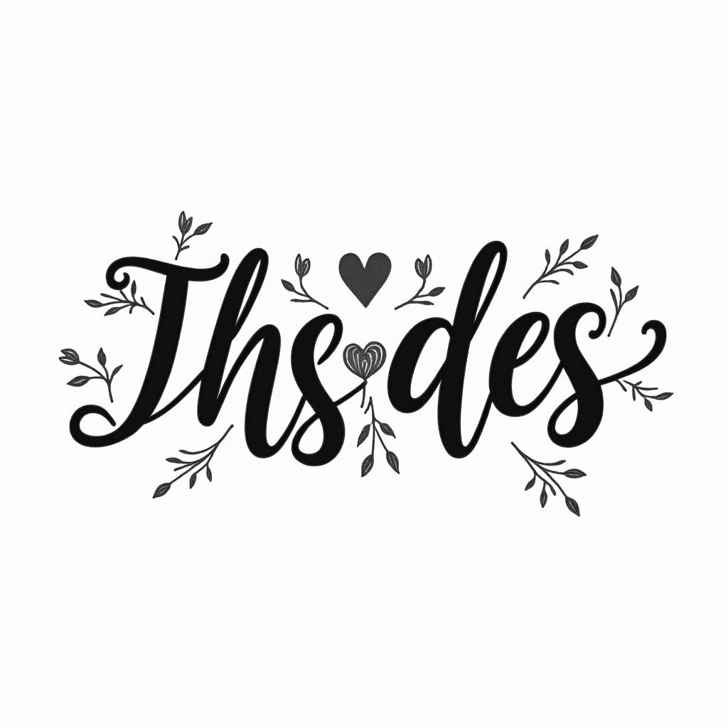 DeDe, Aries, Newberryin elegant cursive calligraphy style 2d tattoo, decorate with roses, featuring a smooth and flowing handwritten script with slightly thickened strokes for a luxurious and bold appearance,  heart symbol between names,  sleek and glossy black text with shadowing, minimalist matte white background, clean and sharp edges, illuminated with soft lighting, romantic, 8k, high-quality textures with refined typography