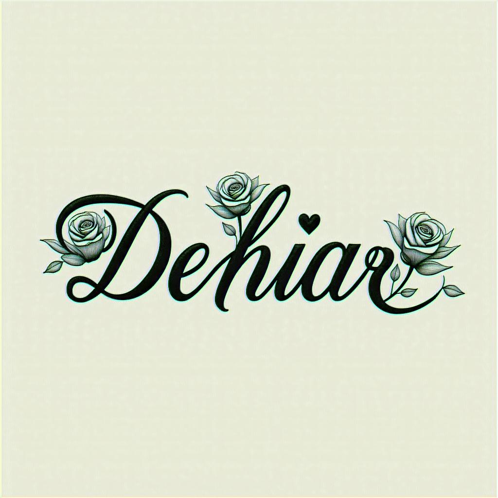 DeDe, Aries, Newberryin elegant cursive calligraphy style 2d tattoo, decorate with roses, featuring a smooth and flowing handwritten script with slightly thickened strokes for a luxurious and bold appearance,  heart symbol between names,  sleek and glossy black text with shadowing, minimalist matte white background, clean and sharp edges, illuminated with soft lighting, romantic, 8k, high-quality textures with refined typography - Variation 2
