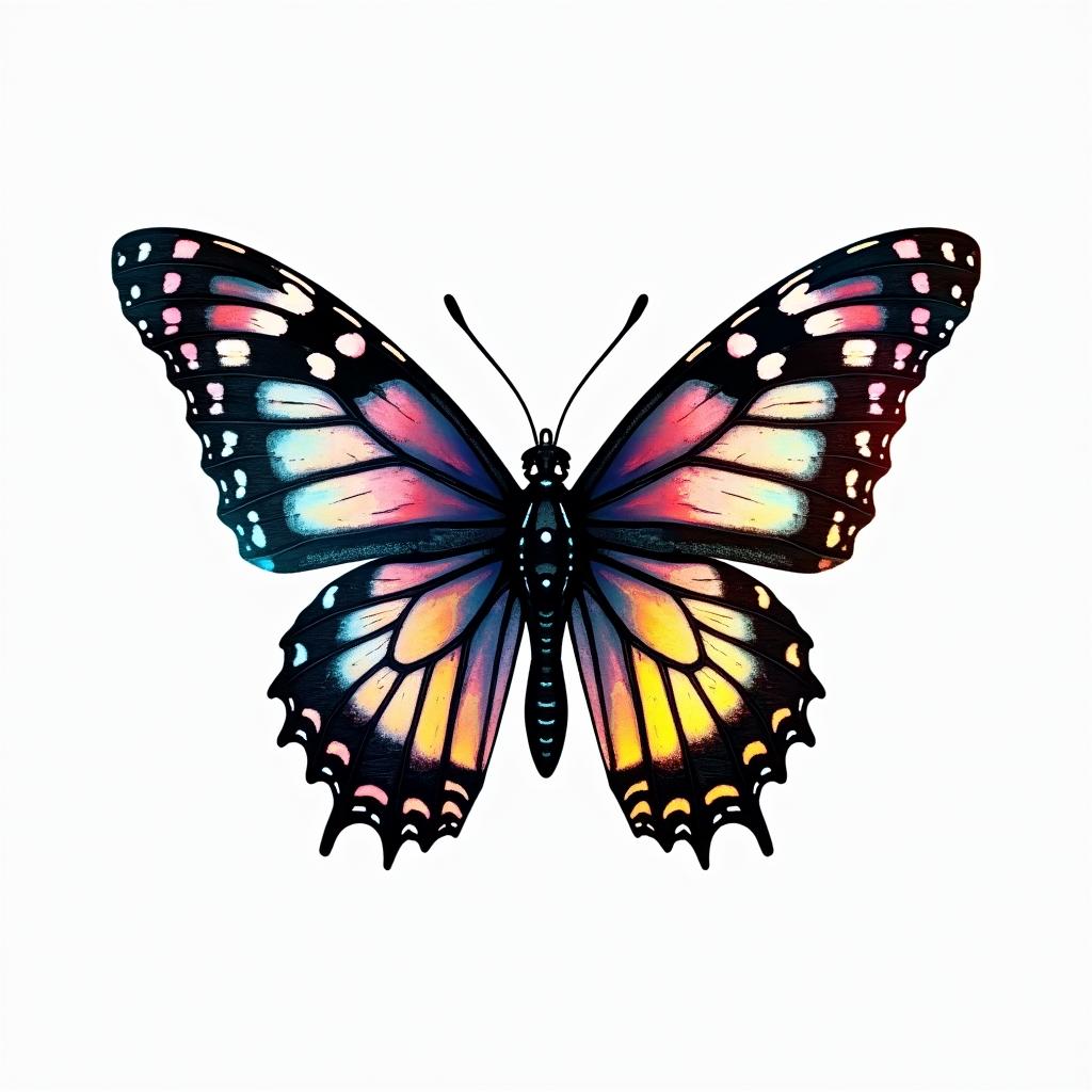 Butterfly with intricate wing patterns But veryI . -in distorted and fragmented tattoo design, featuring a classical statue bust, in a glitch art style with vibrant, overlapping colors of cyan, magenta, and yellow, creating a digital distortion effect - Variation 5