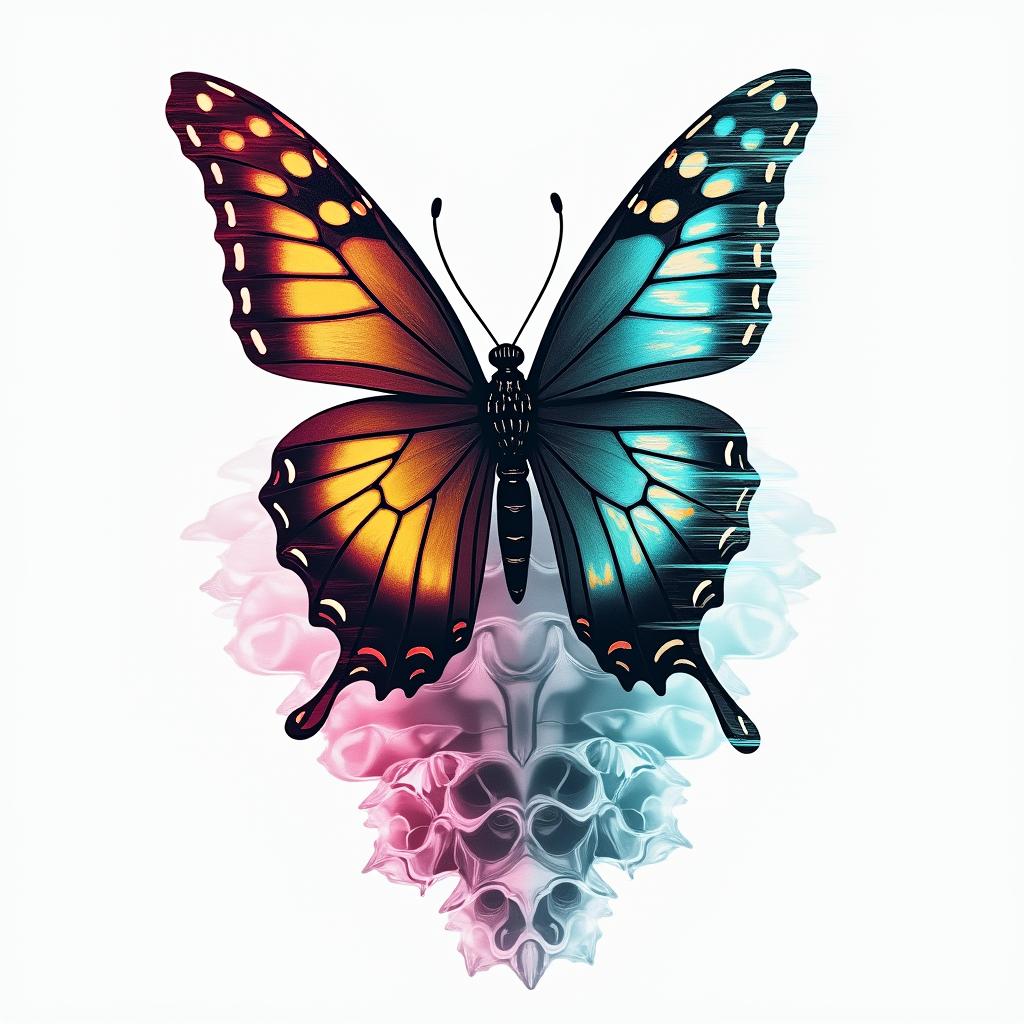 Butterfly with intricate wing patterns But veryI . -in distorted and fragmented tattoo design, featuring a classical statue bust, in a glitch art style with vibrant, overlapping colors of cyan, magenta, and yellow, creating a digital distortion effect - Variation 8