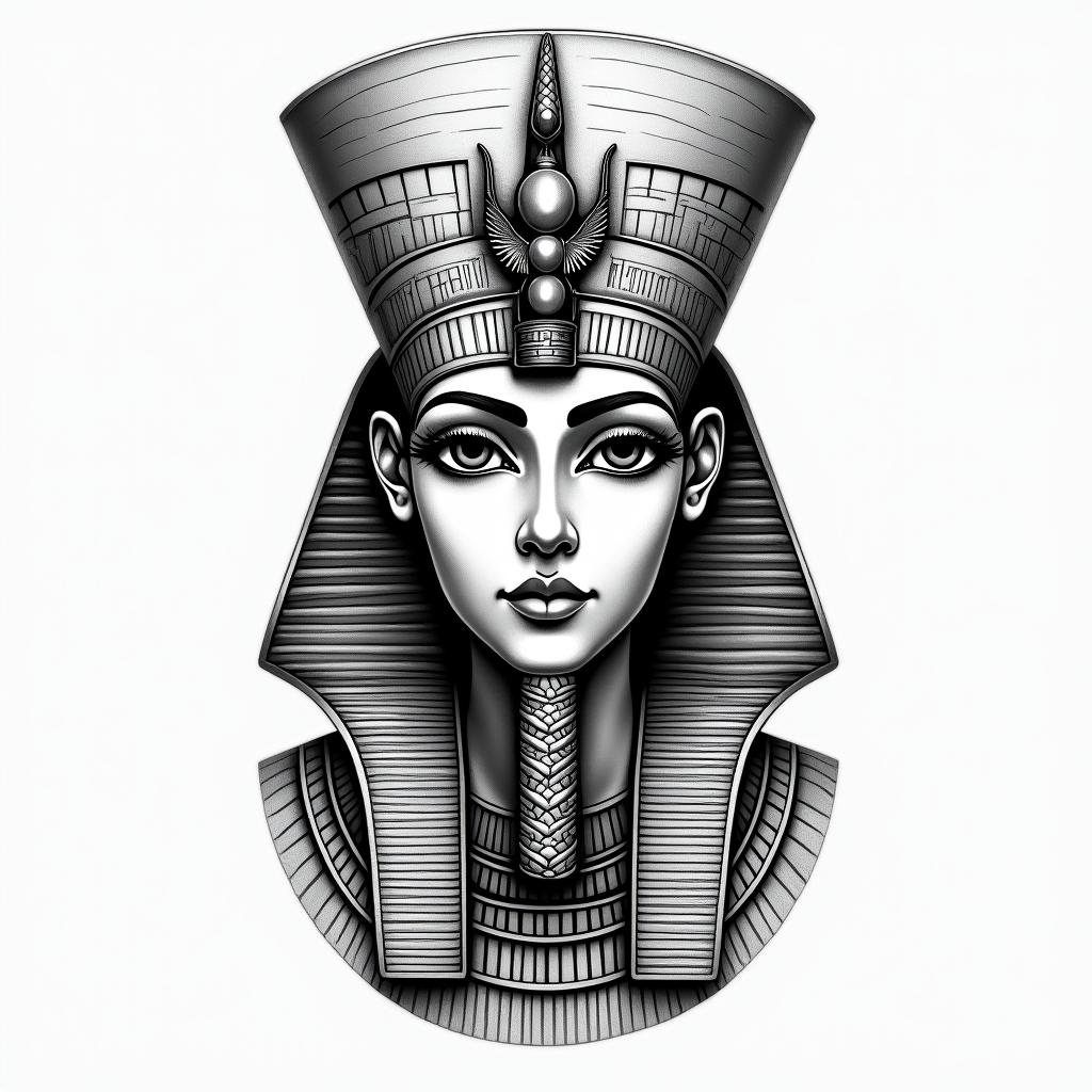 Estefani Taurus Mayin egyptian style tattoo, bold elements of ancient egyptian culture including a portrait of an Egyptian pharaoh with detailed facial features, in hieroglyphs and symbolic imagery, eye of horus, ankh symbol, scarab beetle