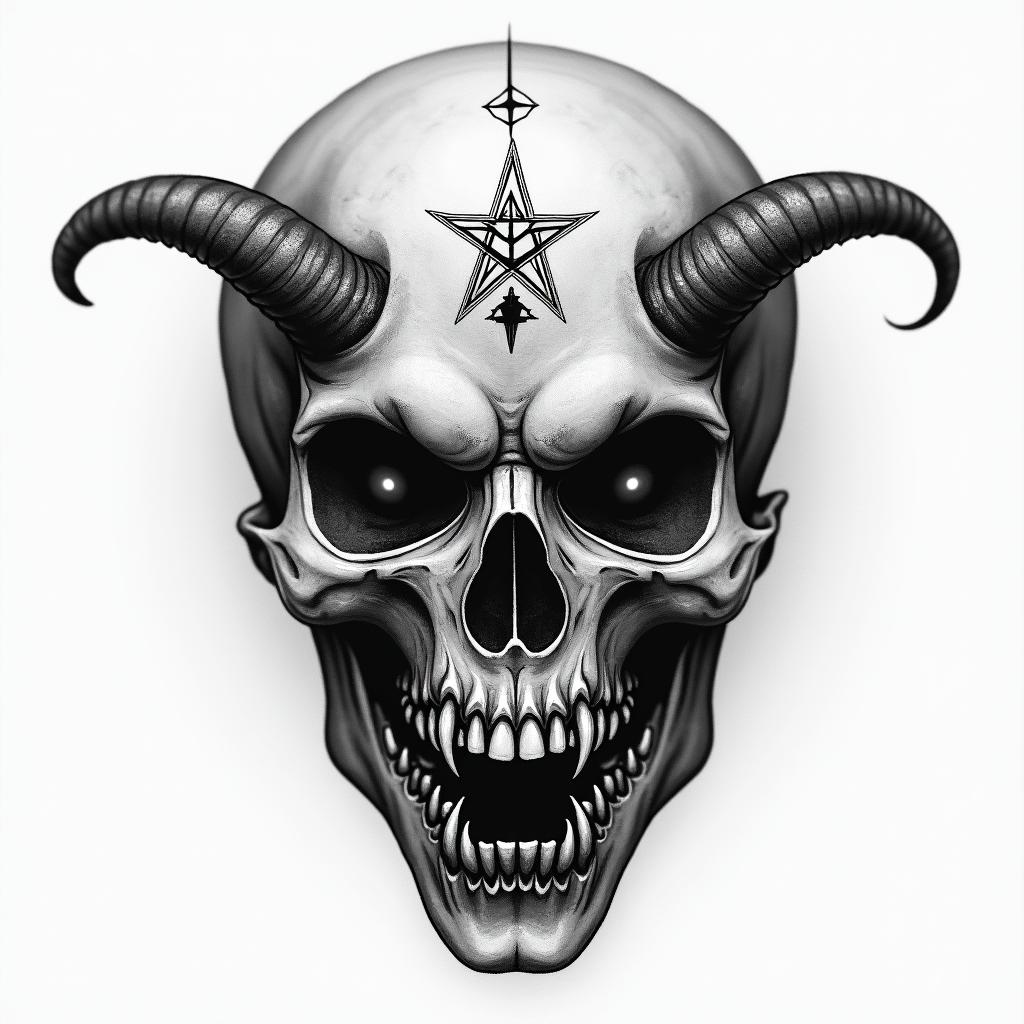 Samuele, half Italian and half English, who loves large animals and is a Pisces, lives in Italy.creepy horror tattoo style, featuring an eerie and unsettling skull of a demonic creature, distorted face with sharp fangs, add pentagram symbol