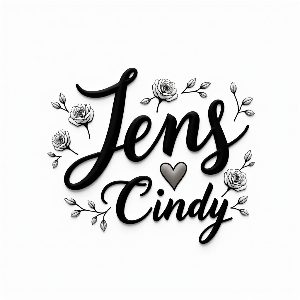 Jens & Cindyin elegant cursive calligraphy style 2d tattoo, decorate with roses, featuring a smooth and flowing handwritten script with slightly thickened strokes for a luxurious and bold appearance, heart symbol between names, sleek and glossy black text with shadowing, minimalist matte white background, clean and sharp edges, illuminated with soft lighting, romantic, 8k, high-quality textures with refined typography - Variation 4