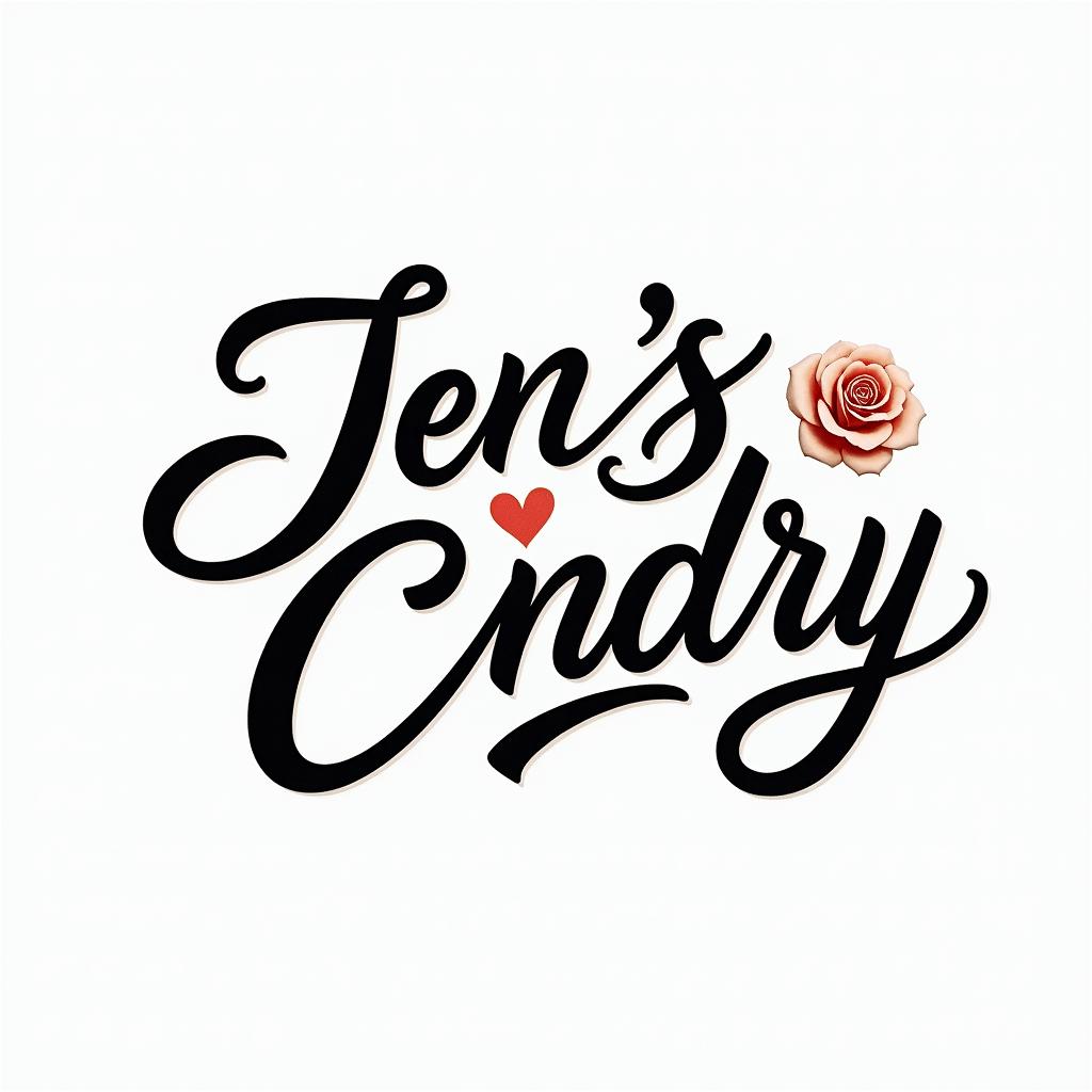 Jens & Cindyin elegant cursive calligraphy style 2d tattoo, decorate with roses, featuring a smooth and flowing handwritten script with slightly thickened strokes for a luxurious and bold appearance, heart symbol between names, sleek and glossy black text with shadowing, minimalist matte white background, clean and sharp edges, illuminated with soft lighting, romantic, 8k, high-quality textures with refined typography - Variation 2