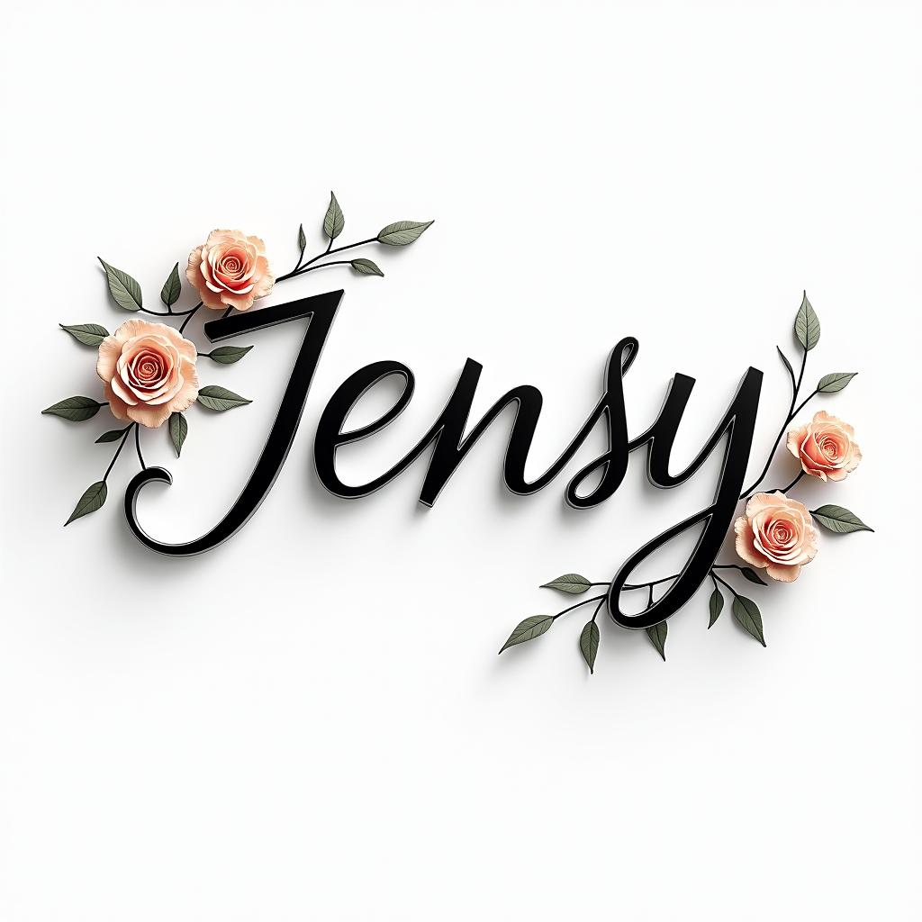 Jens & Cindyin elegant cursive calligraphy style 2d tattoo, decorate with roses, featuring a smooth and flowing handwritten script with slightly thickened strokes for a luxurious and bold appearance, heart symbol between names, sleek and glossy black text with shadowing, minimalist matte white background, clean and sharp edges, illuminated with soft lighting, romantic, 8k, high-quality textures with refined typography - Variation 3