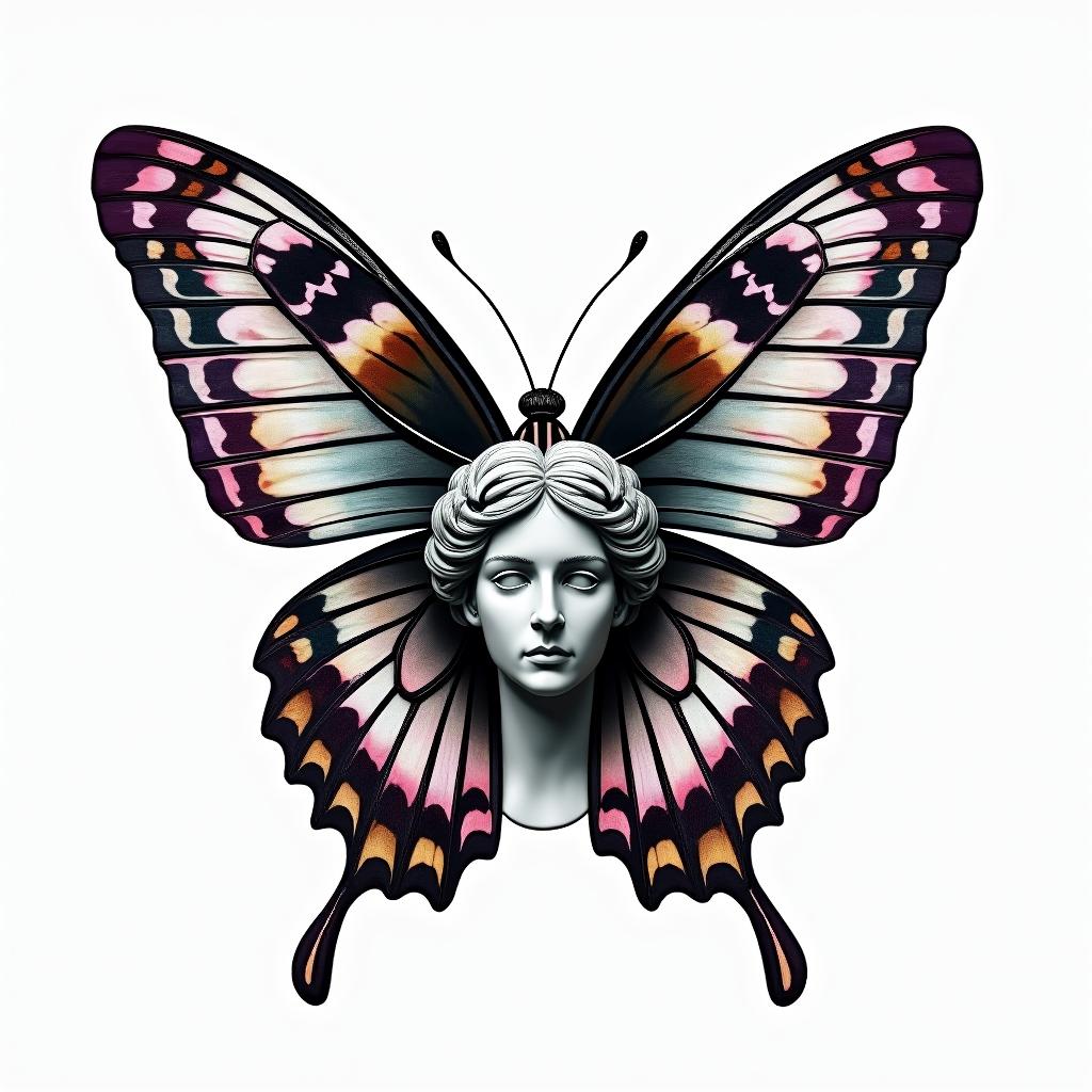 Butterfly with intricate wing patterns But veryI . -in distorted and fragmented tattoo design, featuring a classical statue bust, in a glitch art style with vibrant, overlapping colors of cyan, magenta, and yellow, creating a digital distortion effect - Variation 3