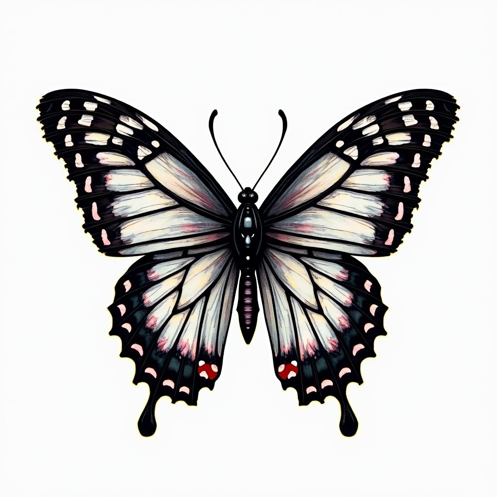 Butterfly with intricate wing patterns But veryI . -in distorted and fragmented tattoo design, featuring a classical statue bust, in a glitch art style with vibrant, overlapping colors of cyan, magenta, and yellow, creating a digital distortion effect - Variation 2