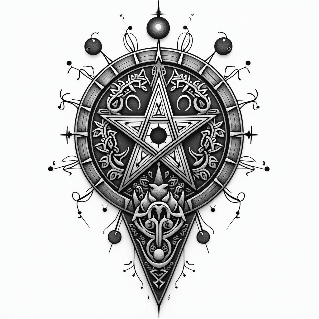 Martín, Leo, Colombiain paganic style tattoo, featuring ancient symbols, add vegvisir symbol, mystical figures, incorporating designs, pentagrams, runes, crescent moons,