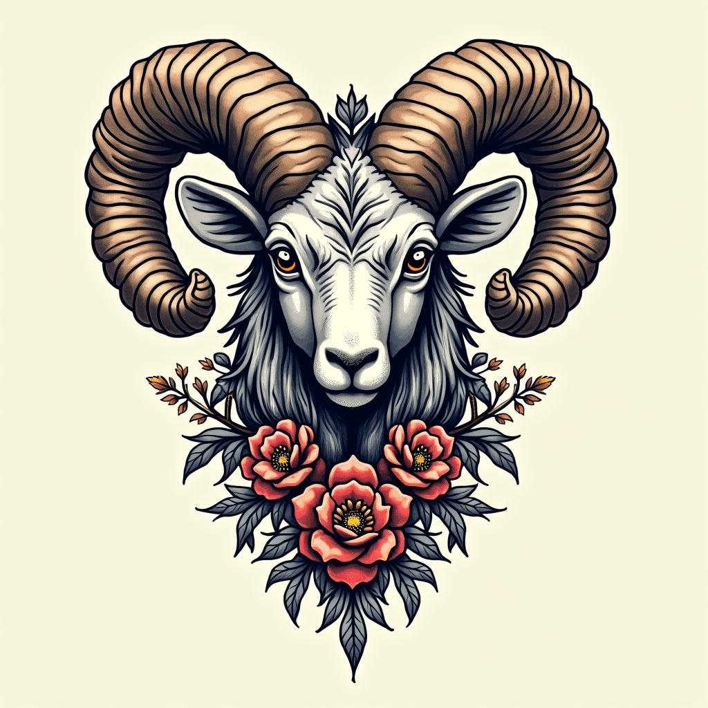 A bold tattoo concept merging the Aries ram's head with intricate floral elements, showcasing a blend of power and grace.undefined